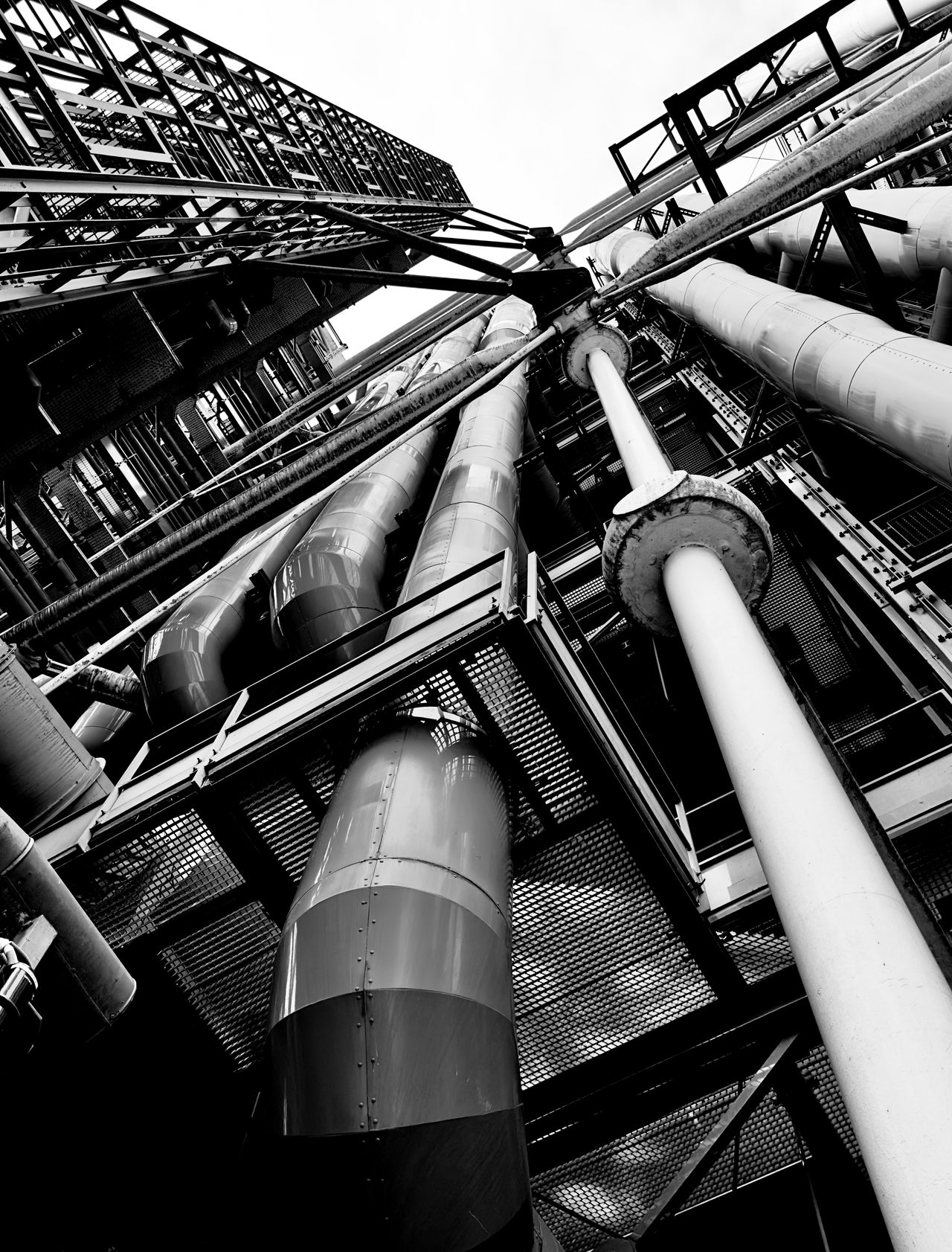 Industrial piping and structure viewed from below
