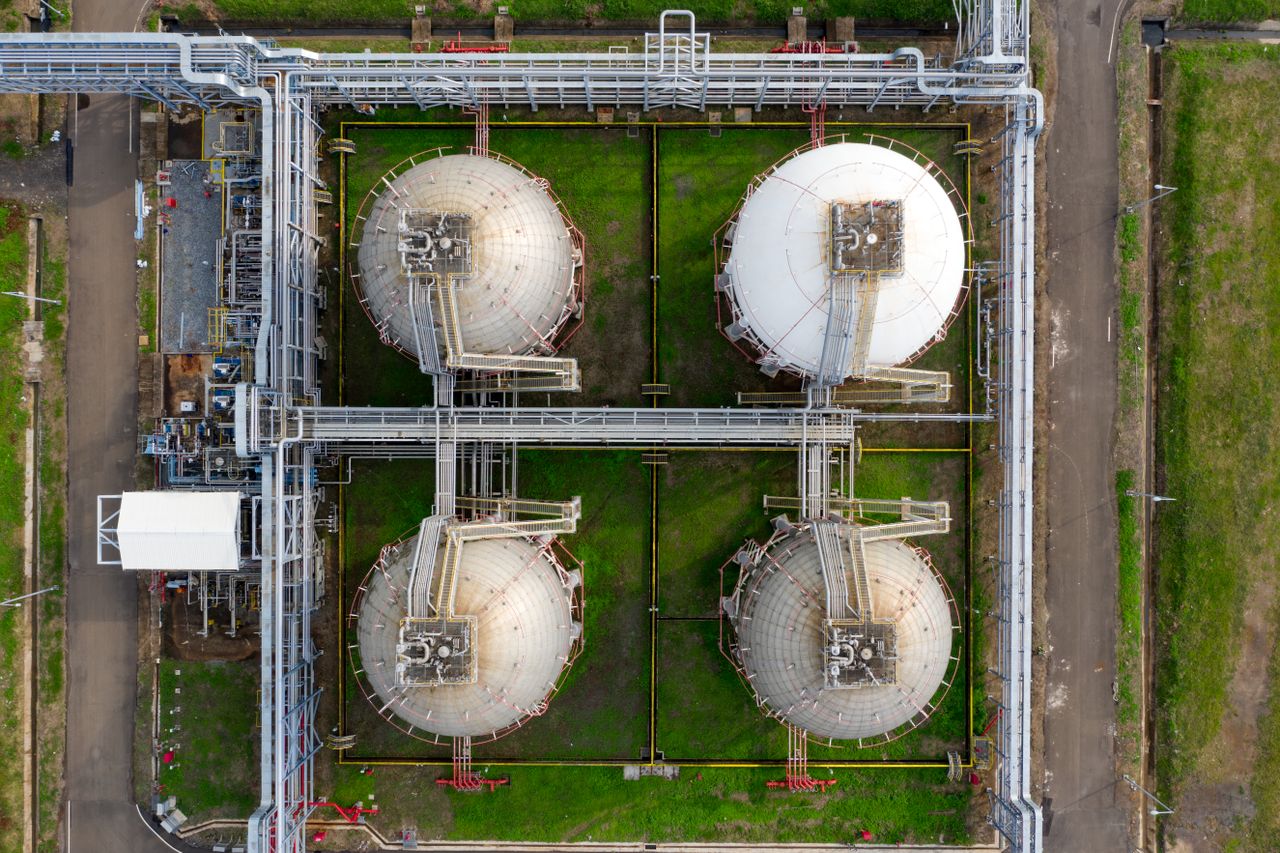 Aerial view of spherical storage tanks at an export terminal