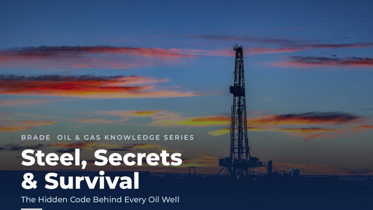 Steel, Secrets and Survival — BRADE Oil and Gas Knowledge Series hero image, drilling rig at dusk