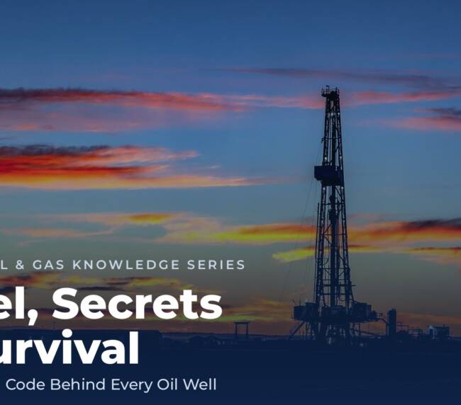 Steel, Secrets and Survival — BRADE Oil and Gas Knowledge Series hero image, drilling rig at dusk