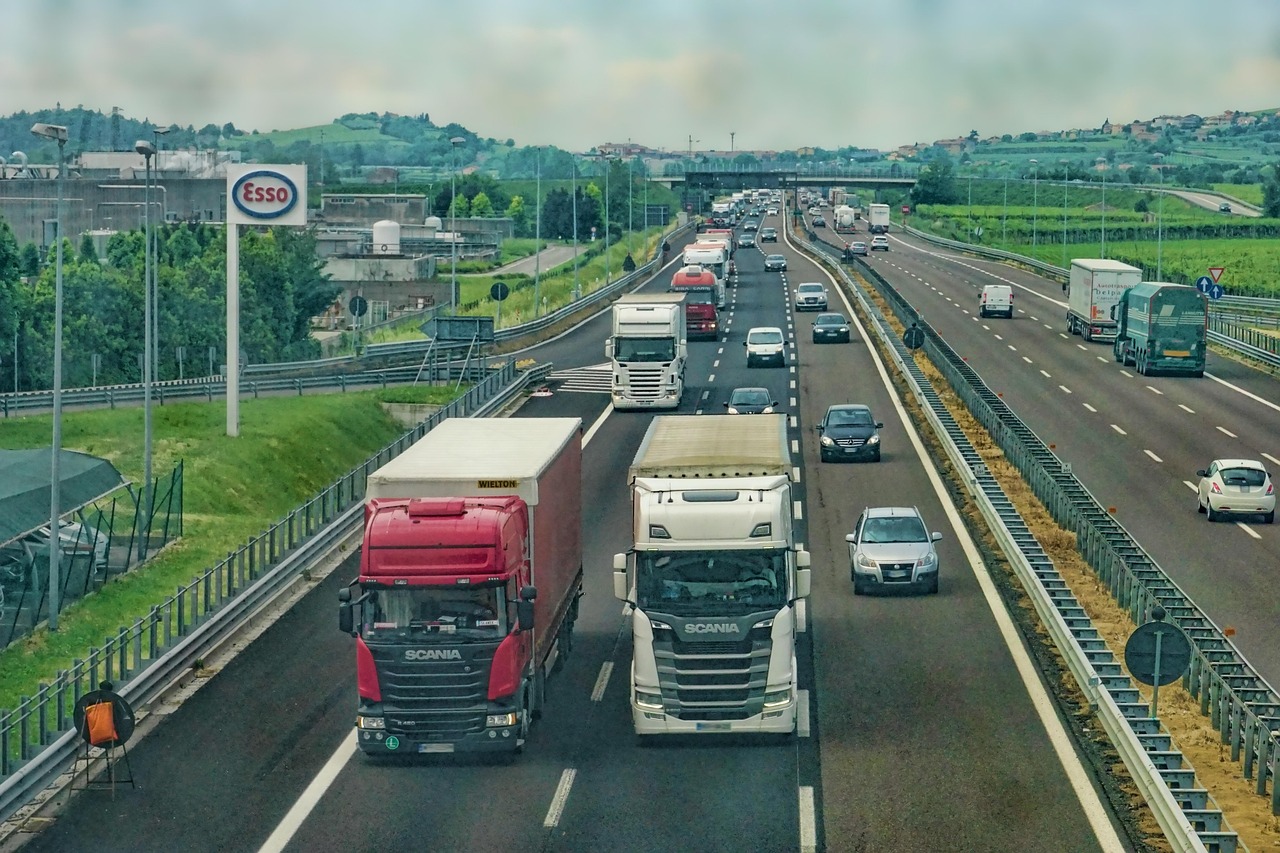 Trucks moving freight along a highway