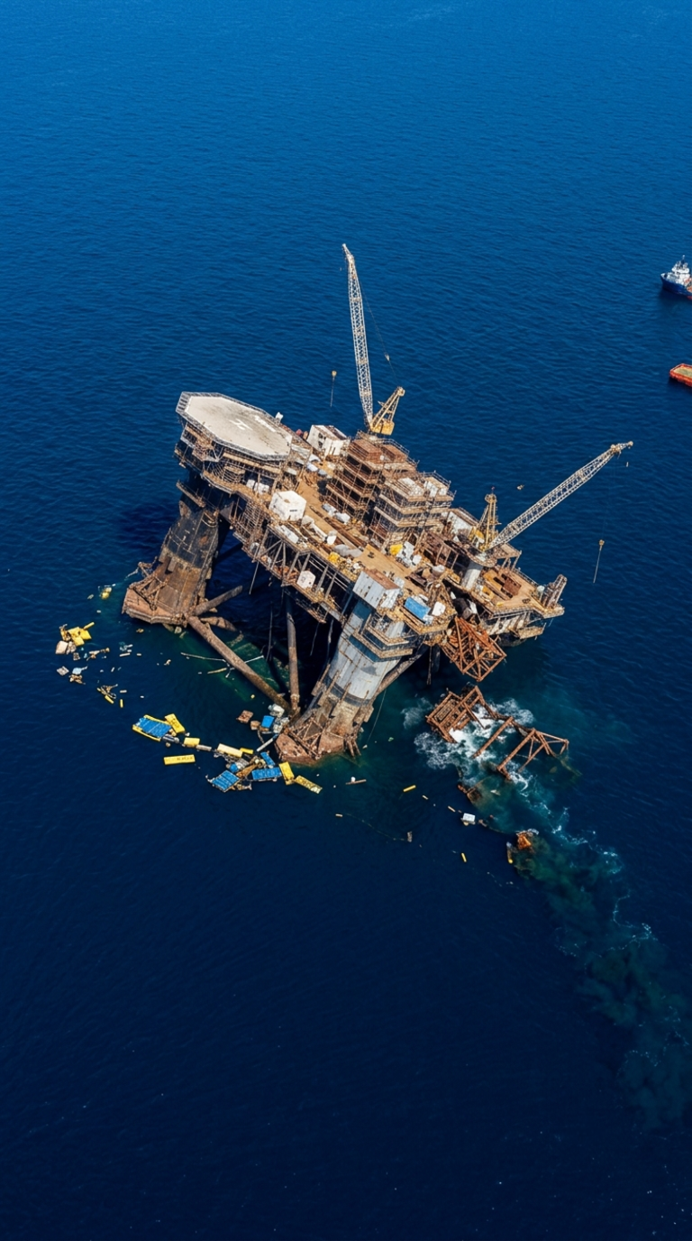 A damaged offshore platform partially collapsed into the sea