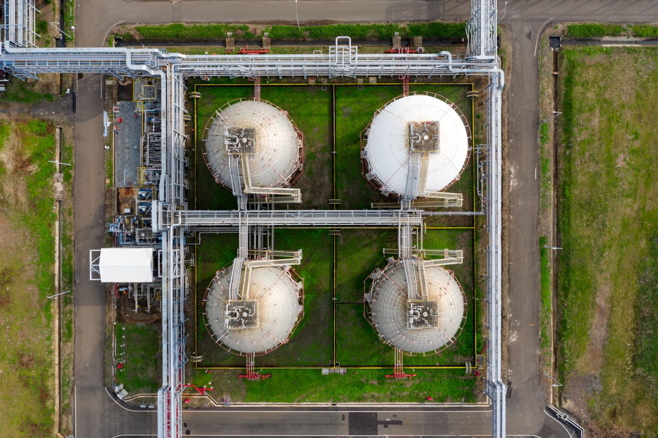 Aerial view of spherical storage tanks at an export terminal