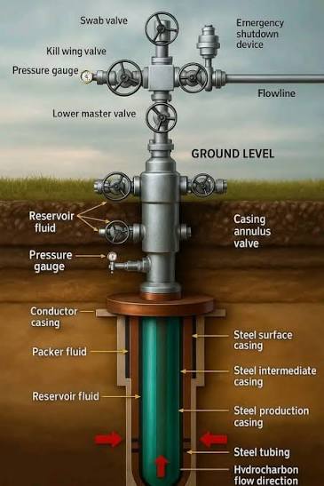 Labelled diagram of an oil and gas wellhead Christmas tree