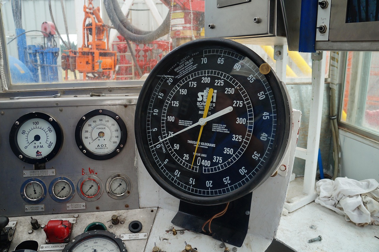 Close-up of rig instrumentation gauges and dials