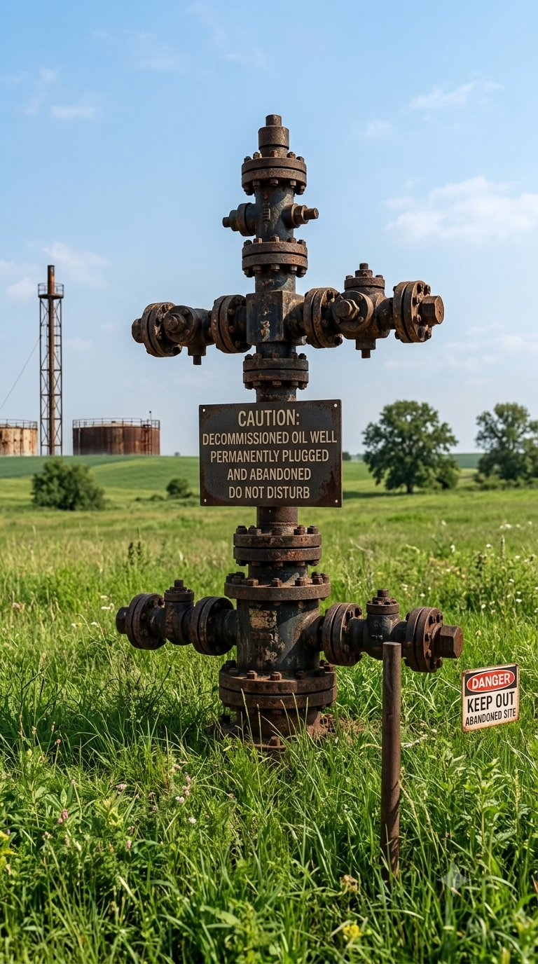 Decommissioned oil well wellhead with caution signage in a field